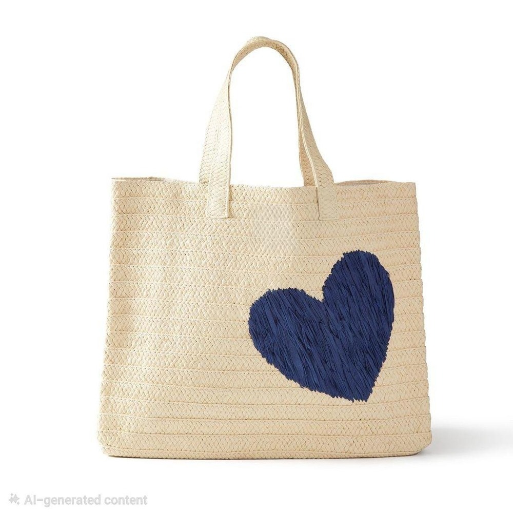 Beach Tote Embroidered Heart Monogram C Cream Blue Mark and Graham Straw